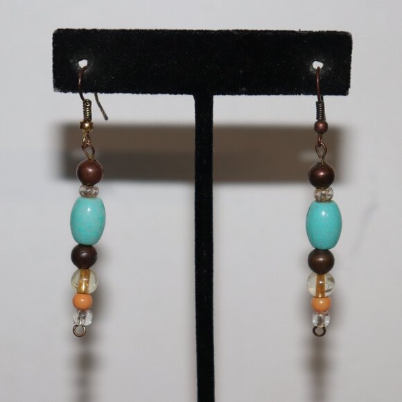 🟦 Bronze & Turquoise Beaded Earrings – 2.5" Long Boho Chic · Earthy Elegance · - Picture 1 of 4
